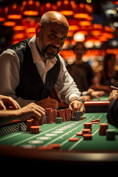 Professional dealer placing colorful chips at live table game
