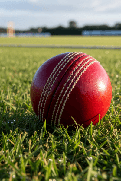 Red leather cricket ball close up on grass pitch with wickets blurred