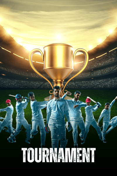 Cricket tournament trophy with action players and stadium background