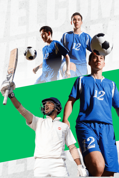 Cricket batsman and football players in action multi sports banner